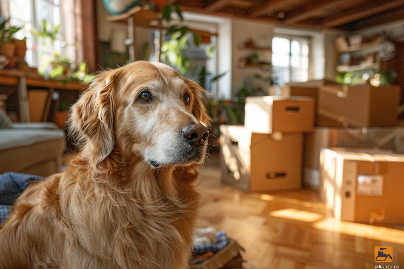 Vieux chien heureux explorant son nouveau foyer à Pessac après un déménagement sans stress avec son propriétaire