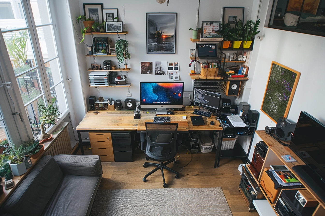 Solution ingénieuse pour aménager un coin bureau fonctionnel dans un petit appartement, maximisant l'espace.