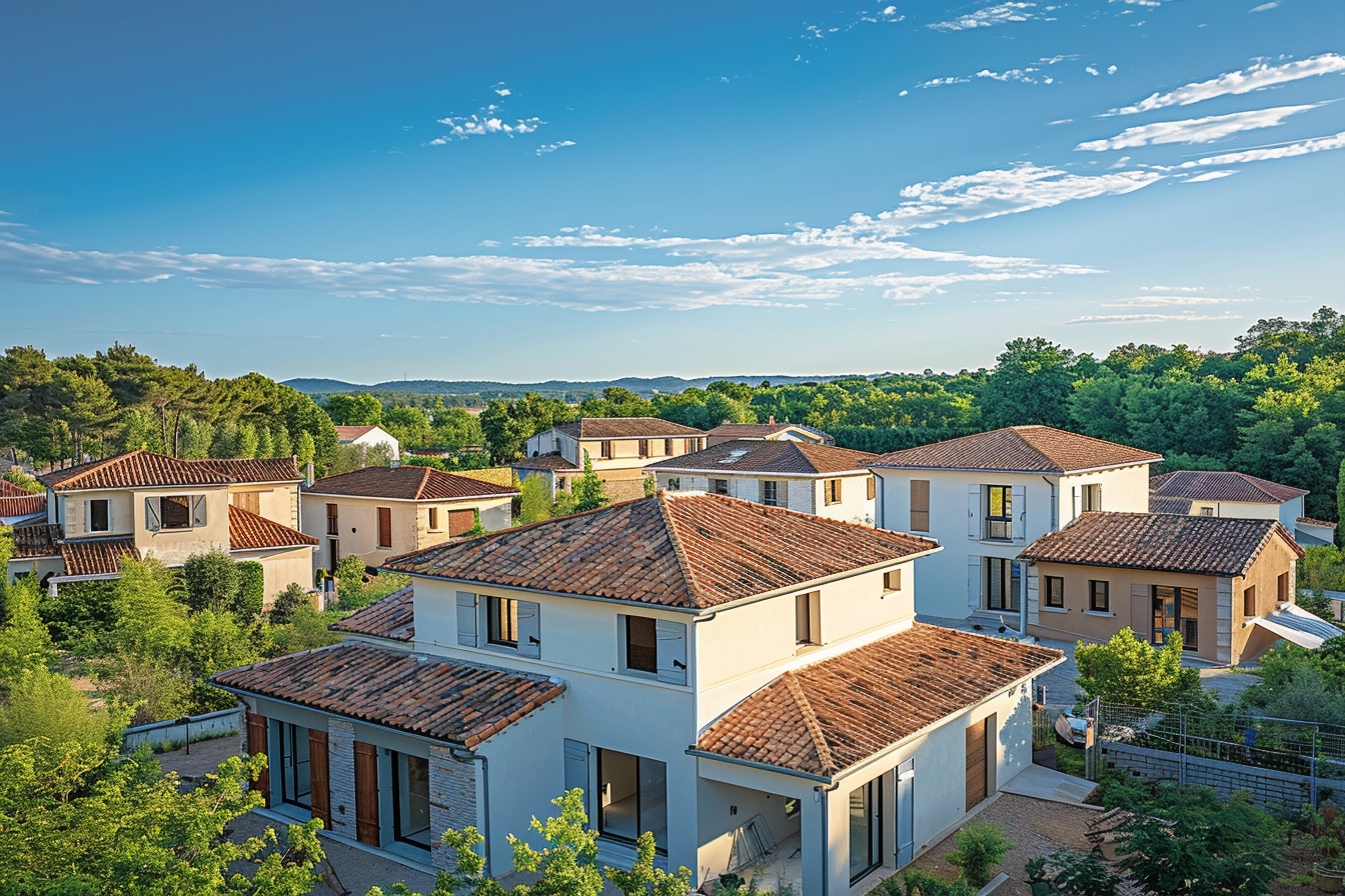 Maisons modernes en banlieue arborée.