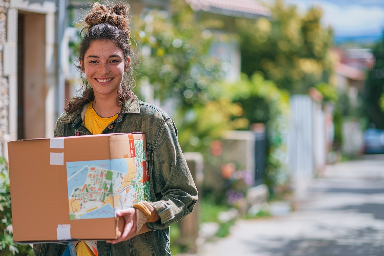 Personne heureuse emballant des cartons avec Pessac en arrière-plan, illustrant comment déménager sans CDI à Pessac en toute sérénité